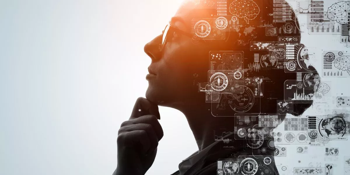 Profesional reflexionando sobre el impacto de la inteligencia artificial, con visualizaciones digitales, gráficos y datos tecnológicos superpuestos que representan la transformación del trabajo y la innovación empresarial. 