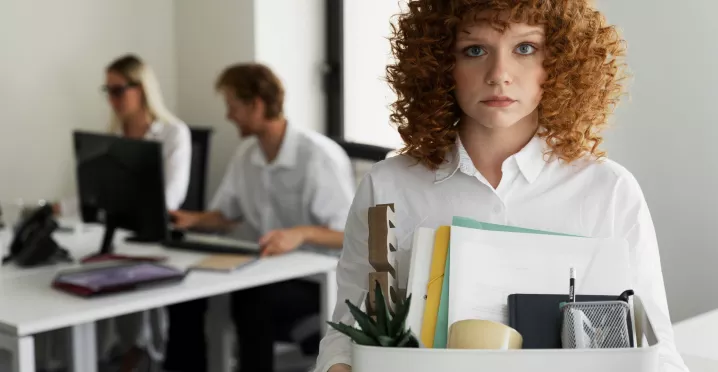 Colaboradora dejando la oficina con sus pertenencias tras una renuncia laboral vinculada a la rotación de personal en empresas.