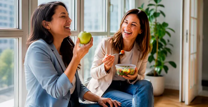 Colaboradoras disfrutando de un snack saludable en la oficina, gracias a la tarjeta de alimentación que les brinda su empresa.