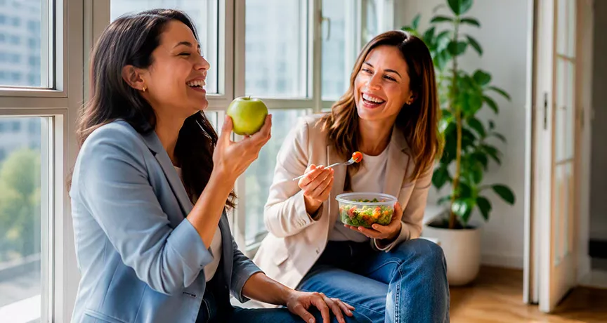Colaboradoras disfrutando de un snack saludable en la oficina, gracias a la tarjeta de alimentación que les brinda su empresa.