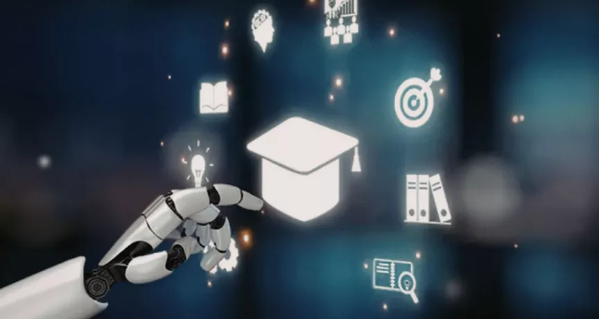 Mano robótica frente a íconos de educación, conocimiento y objetivos, en una representación de la inteligencia artificial y el aprendizaje.