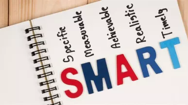 Cuaderno con la palabra SMART y sus componentes específicos, medibles, alcanzables, relevantes y con plazo, representando la metodología para definir objetivos SMART.